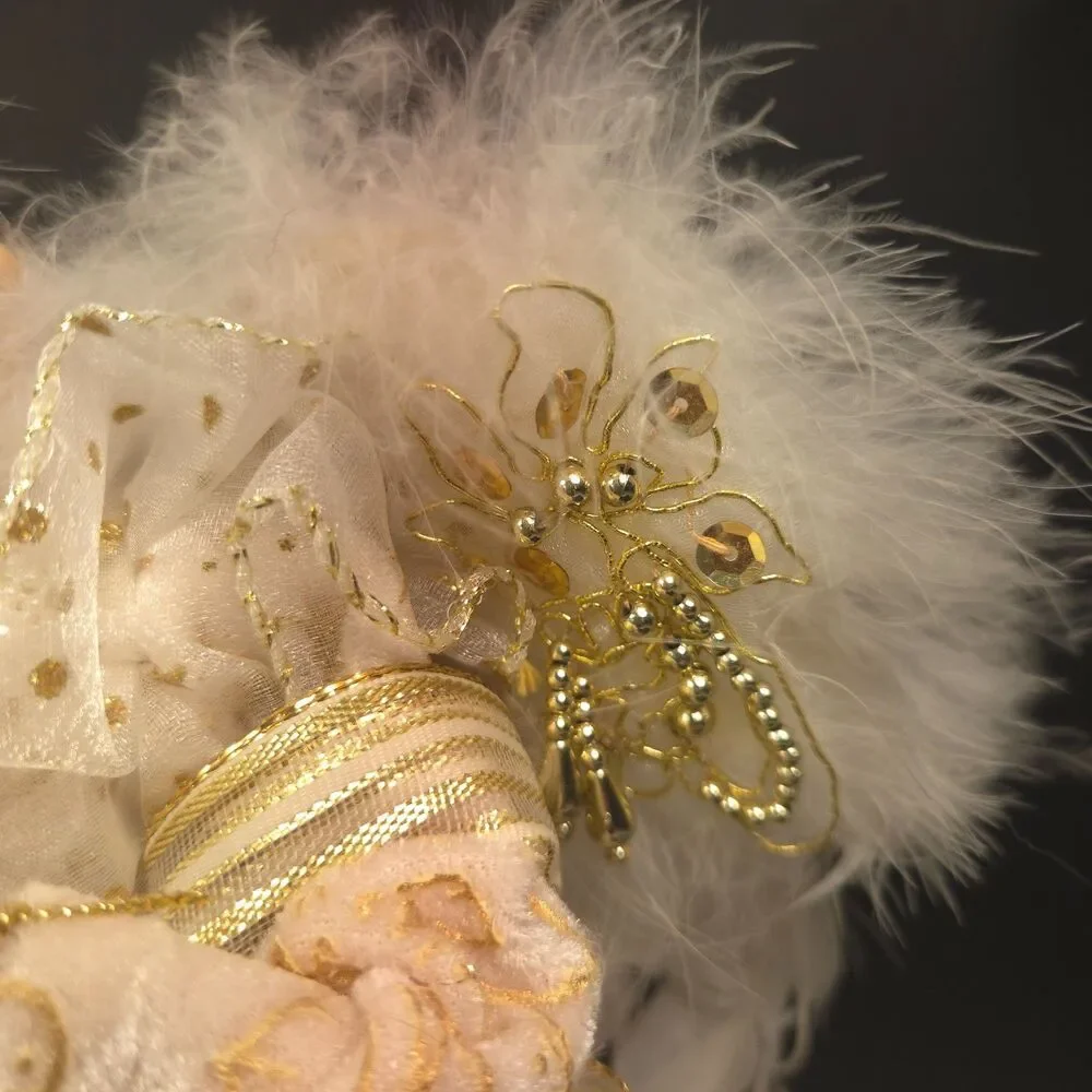 Elegant Cream & Gold Angel Tree Topper Feather Wings Christmas 11.5